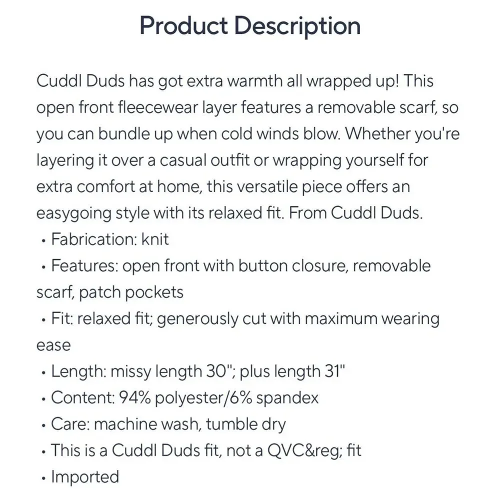 Cuddl Dud One Size Reg Cream Stretch Fleece Wrap Removable Scarf A667660 NWOT